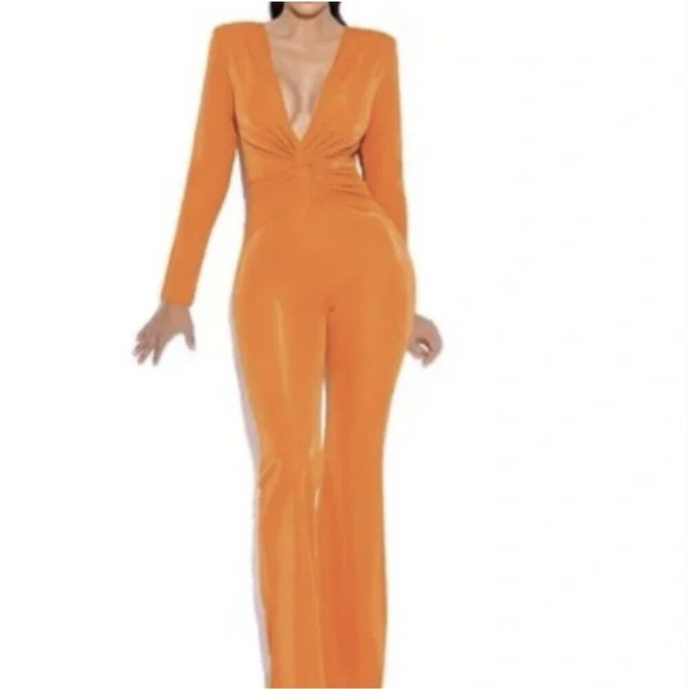 Miss Circle Orange Flared Long Sleeve Twist Front Jumpsuit NWT Sz S
